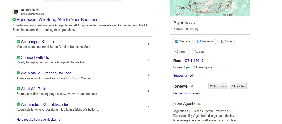 Brand search 'Agenticsis' on Google, June 4, 2026, showing five sitelinks and the populated Knowledge Panel after the redirect fix shipped