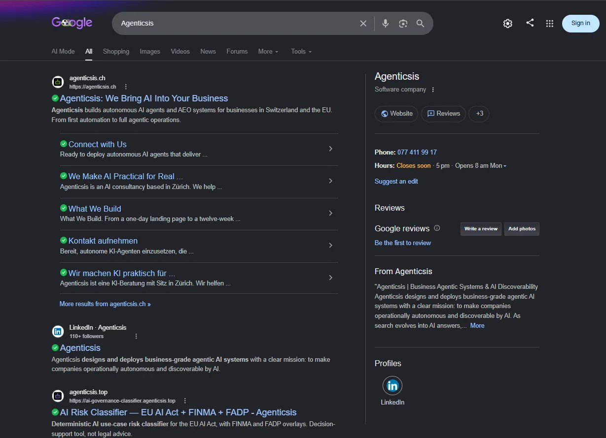 Brand search 'Agenticsis' on Google mid-crisis, June 19, 2026, showing site name reverted to agenticsis.ch and thinned Knowledge Panel