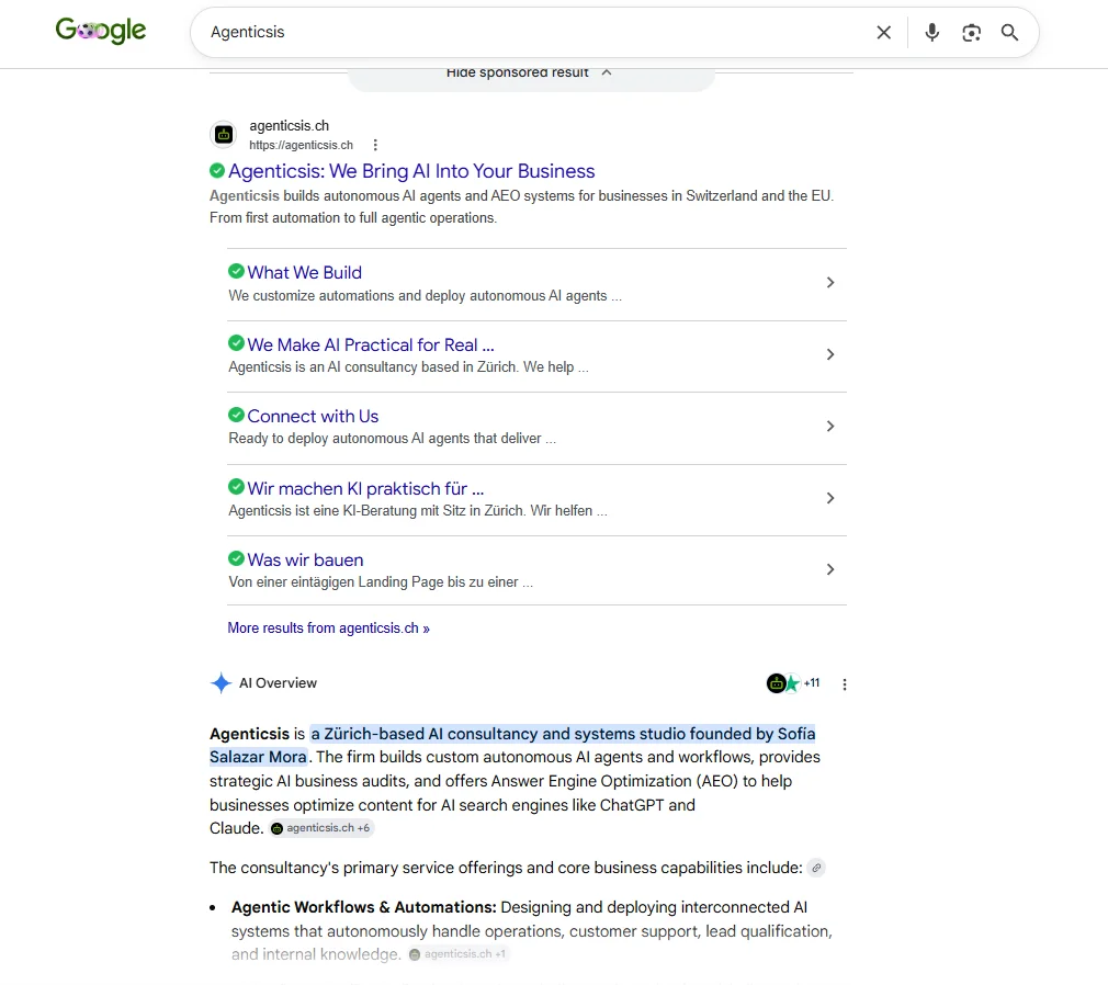 Google brand search 'Agenticsis' on June 30, 2026, showing five sitelinks, populated Knowledge Panel, and a Gemini-generated AI Overview that describes Agenticsis correctly and names Sofia Salazar Mora as founder